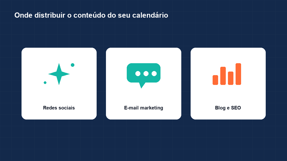 Planilha de calendário editorial com colunas de data, canal, pilar de conteúdo, etapa do funil e status